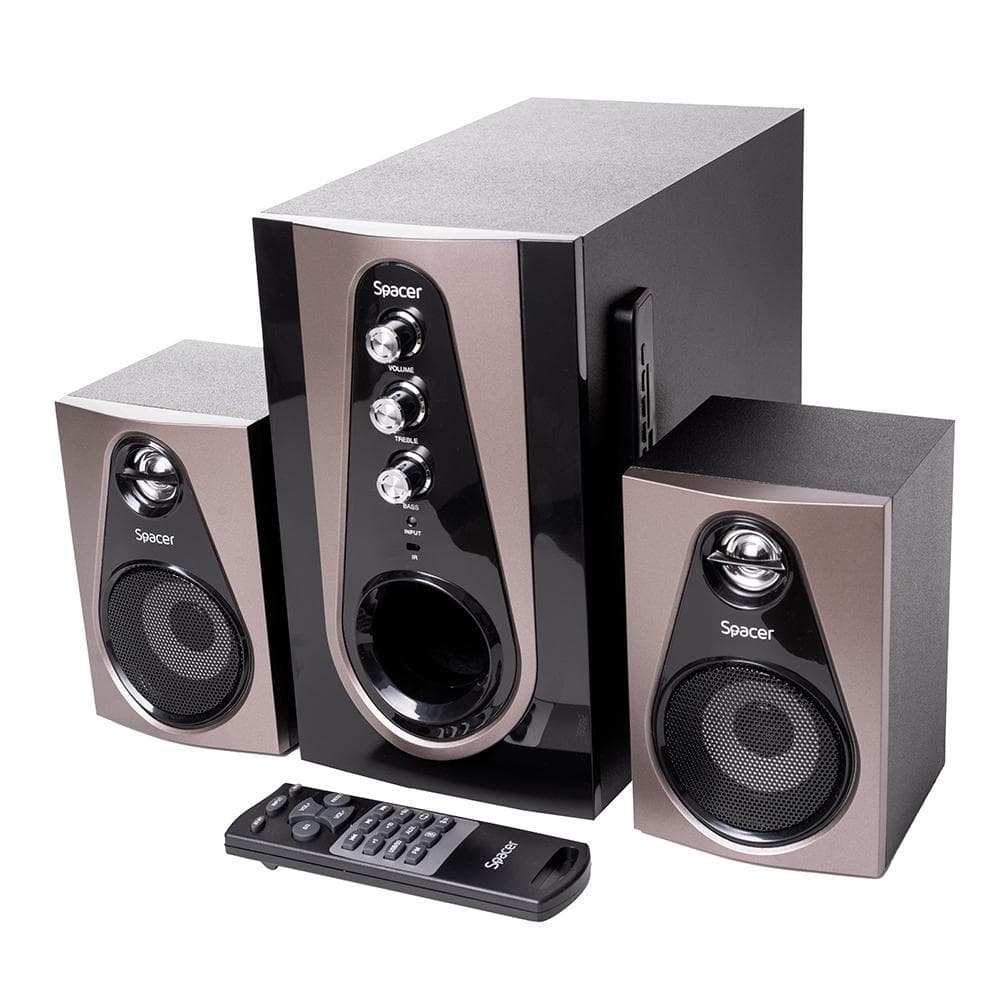 Boxe Spacer 2.1, 30W RMS ( 2x 5W + 20W), alimentare 220V, conectori Bluetooth, USB, Jack 3.5mm, Radio FM, SD, RCA, contine telecomanda wireless, negru — miniatură
