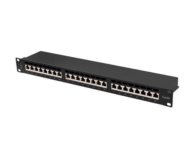 Patch panel 24 porturi 1U 19" Cat.6A FTP cu organizator cabluri, ecranat, negru — miniatură
