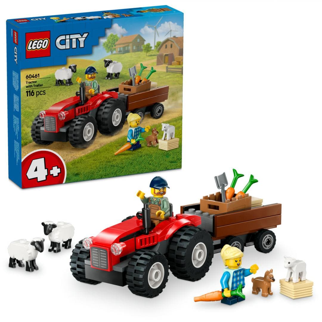 TRACTOR DE FERMA ROSU CU REMORCA SI OI, LEGO 60461