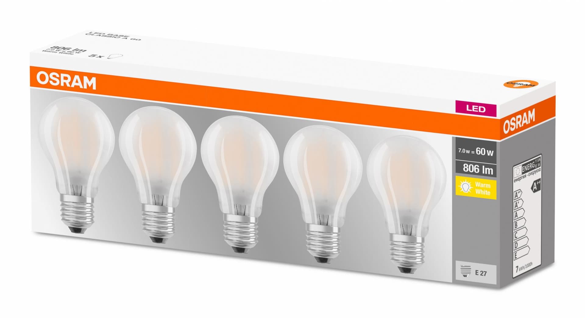 5 Becuri LED Osram Base Classic A, E27, 7W (60W), 806 lm, luminacalda(2700K), semi-transparent — miniatură
