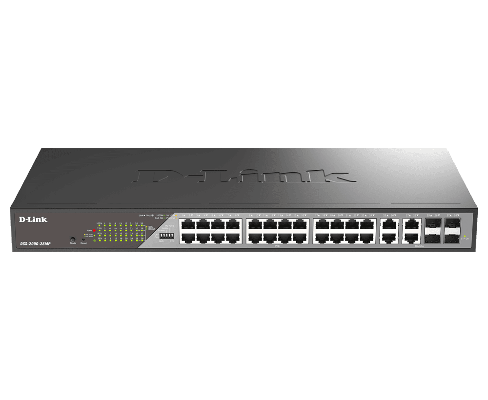 D-Link Switch DSS-200G-28MP,24 x 10/100/1000 Mbps PoE, 4 x Combo 1000 Mbps, Switching Capacity:56 Gbps, Forwarding Rate: 41.67 Mpps, Buget POE: 370 W ; 30 W/port, consum maxim: 425.9 W (PoE on) ; 25.5 W (PoE off), dimensiuni: 440 x 208 x 44 mm, Greutate: 2.86 kg. — miniatură