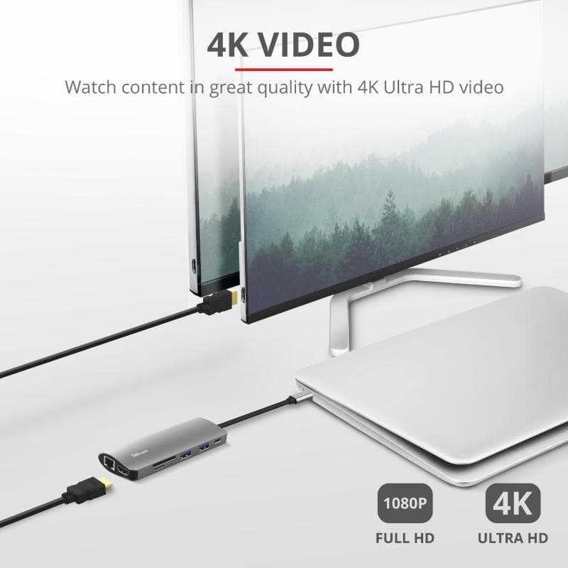 Hub USB Trust Dalyx, USB-C, 7 porturi, HDMI, RJ-45, Negru — miniatură