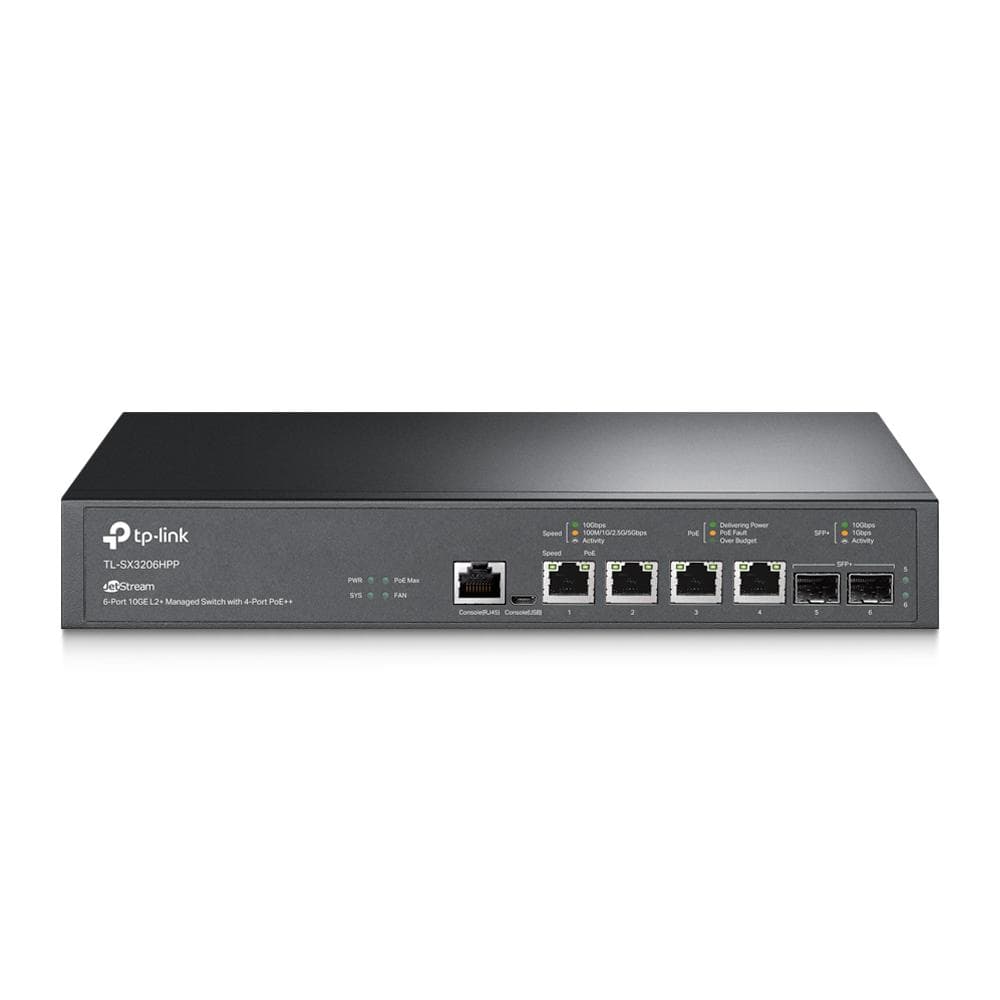 "JetStream™ 4-Port 10GBase-T and 2-Port 10GE SFP+ L2+ Managed Switch with 4-Port PoE++ PORT: 4× 10G PoE++ Ports, 2× 10G SFP+ Slots, RJ45/Micro-USB Console Port SPEC: 802.3bt/at/af, 200 W PoE Power, 1U 13-inch Rack-mountable Steel Case FEATURE: Integration with JetStream™ SDN Controller,Static