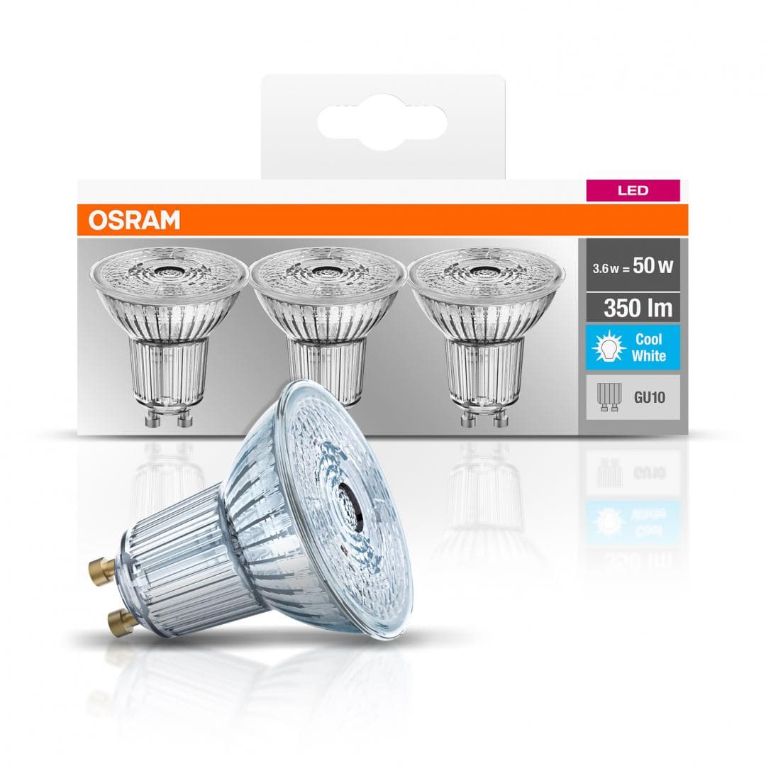 3 Becuri LED Osram Base PAR16 36°, GU10, 4.3W (50W), 350 lm, luminaneutra (4000K)