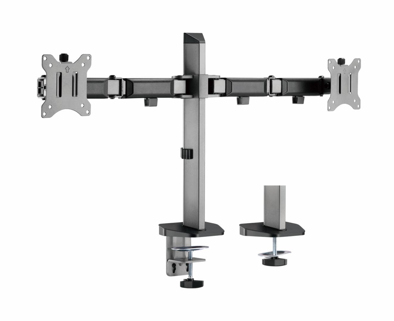 Suport 2 monitoare Serioux MM55-C024, compatibilitate dimensiune ecran 17"-32", greutate maximă suportata: (per ecran): 9kg, VESA: 75x75, 100x100, inclinare: +70°~-70°, pivotare: +90°~-90°, rotația ecranului: + 180°~-180°, instalare: clemă, grommet — miniatură
