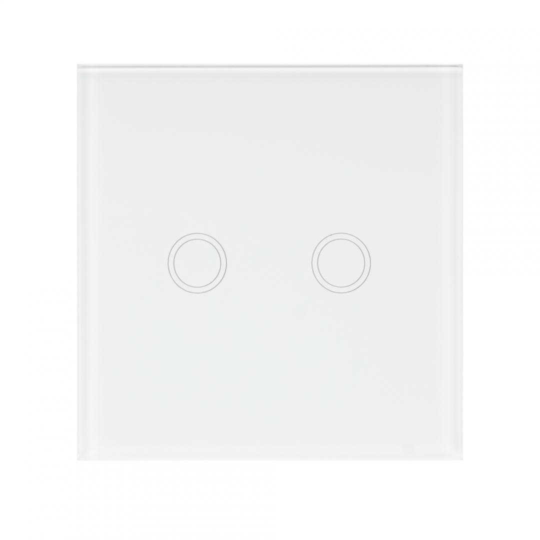 Intrerupator dublu cu touch PNI SH202 din sticla, alb cu LED indicator, Butoane iluminate - Butoane tactile - Front din sticla, Sarcina maxima suportata: 200 W, Dimensiuni: 85 X 35 X 85 mm, Greutate: 120g — miniatură