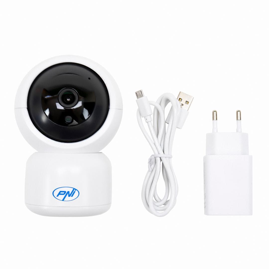 Camera supraveghere video PNI IP390T 1080P cu PTZ WiFi H264+ suporta microSD 128GB, Night Vision, aplicatia Tuya, P2P, Android, iOS, pentru interior, rotire dupa miscare, alarma la miscare, Senzor imagine:1/2.9" CMOS F37, 2MP, Rezolutie: 1080P (1280 x 1080), Lentila: 3.6mm, Compresie: H.264+ — miniatură