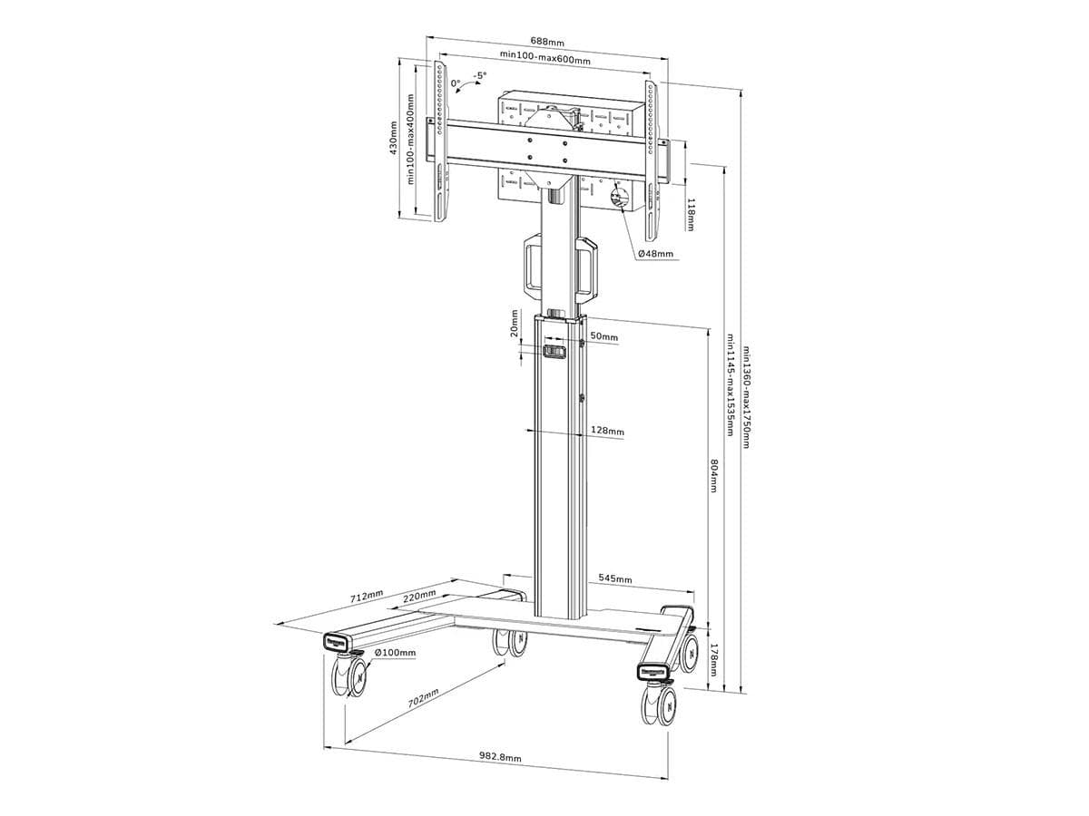 Stand podea mobil Neomounts 37"-75", VESA 100x100~600x400, 70kg, fix, inaltime reglabila, alb — miniatură
