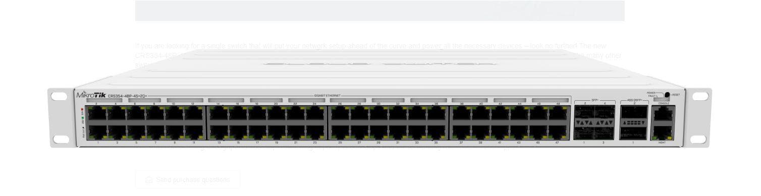 SWITCH MIKROTIK CRS354-48P-4S+2Q+RM, 48xLAN Gigabit, 4xSFP, 2x40G QSFP, POE 700W 802.3af/at, Procesor: 650 MHz, Ram: 64Mb, IP20. — miniatură