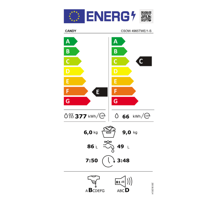 Masina de spalat rufe cu uscator Candy Smart Pro CSOW 4965TWE/1-S, Independent, 9/6 Kg, 1400 RPM, Clasa de ciclu combinat E, Control si continut avansat (Wi-Fi + BLE), Alb, L x A x I (cm) 60x58x85 — miniatură