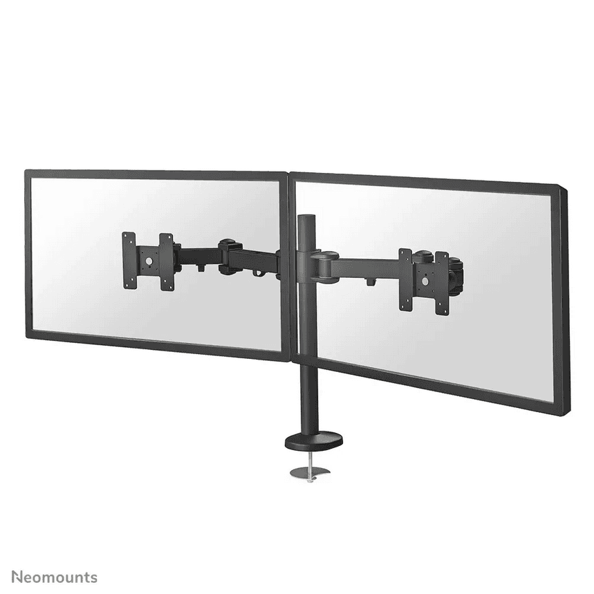 Neomounts by Newstar full motion dual desk mount (grommet) for two 10- 27" monitor screens, height adjustable - Black General Min. screen size*: 10 inch Max. screen size*: 27 inch Min. weight: 0 kg (per screen) Max. weight: 8 kg (per screen) Screens: 2 VESA pattern: 75x75, 100x100 mm VESA minimum