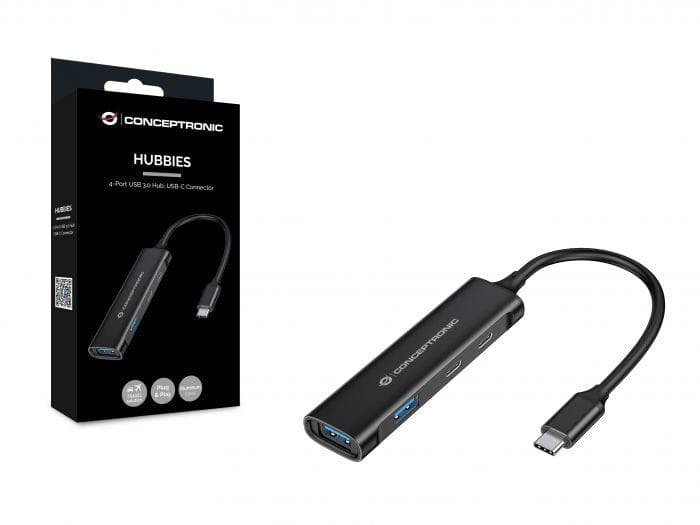 Hub USB Conceptronic HUBBIES, USB-C, 4 porturi, Negru