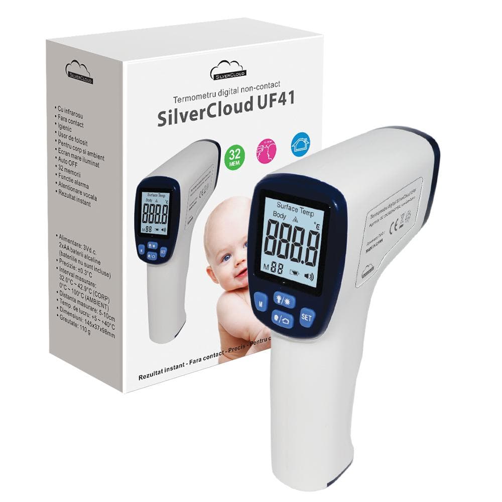 PNI Termometru digital SilverCloud UF41, Infrarosu, Non-Contact, Pentru corp si suprafete, Atentionare vocala, plaja masurare: 32-42.9 grade corp, 0-100 grade suprafete, distanta masurare: 5-10 cm, Dimensiuni: 145 x 37 x 98mm, Greutate: 141g, Alimentare: 2 x baterii AA, neincluse.