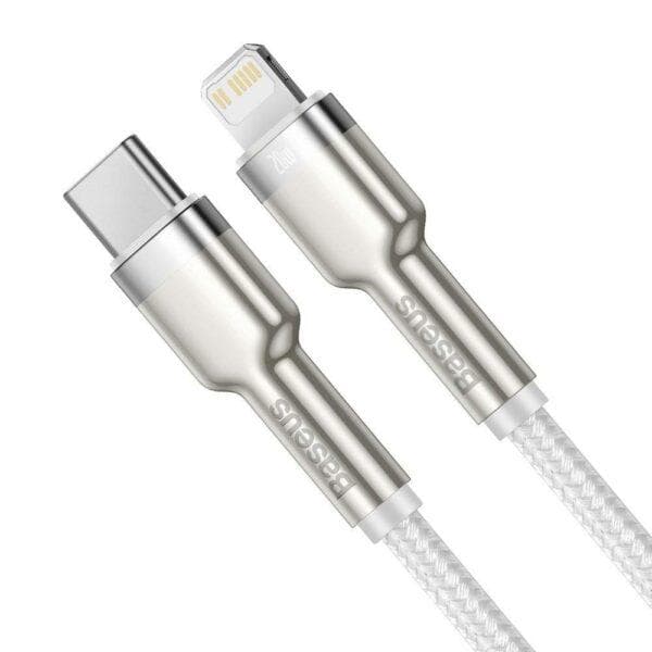 CABLU alimentare si date Baseus Cafule Metal, Fast Charging Data Cable pt. smartphone, USB Type-C la Lightning Iphone PD 20W, brodat, 1m, alb — miniatură