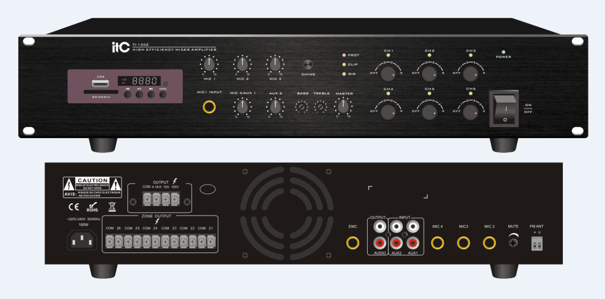 Mixer amplificator cu 6 zone de reglaj ITC TI-240Z, pentru sisteme de Public Address (PA), putere 240W@100V, MP3(USB/SD)+FM Tuner+Bluetooth, 4 x intrari de microfon, 2 x intrari auxiliare, 1 x intrare EMC, intrare backup 24VDC, dimensiuni 484×353×88mm, greutate 8.0Kg