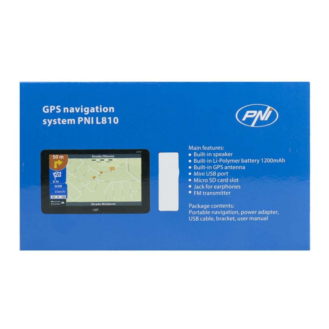 PNI L810 SISTEM NAVIGATIE 7", Windows CE 6.0, Rezolutie: 800 x 480, Aspect: 16:9, Procesor: 800 MHz. Meemrie RAM 256 Mb, Memorie interna: 8Gb, Slot MicroSD, max 32Gb, Culoare Negru, FM Transmitter, Fara harti incluse. — miniatură