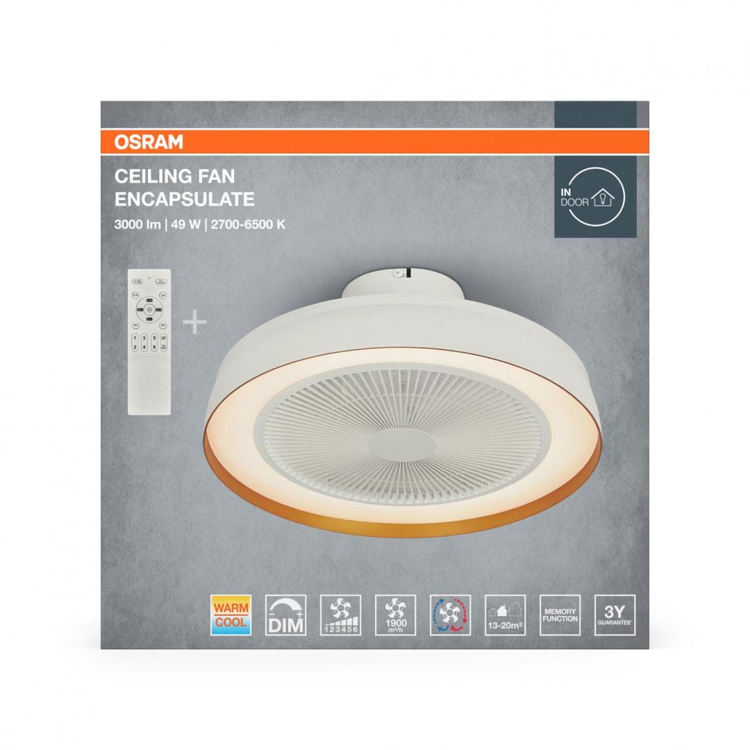 Plafoniera LED cu ventilator Osram Encapsulate cu Telecomanda, 49W, 3000lm, lumina alba (2700-6500K), dimabila, IP20, max 1900 m³/h, timer 2h-4h, Alb/Auriu — miniatură