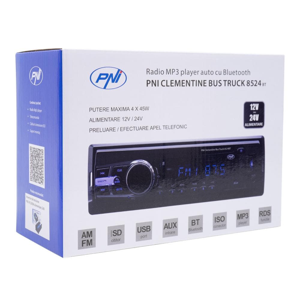 Radio MP3 player auto PNI Clementine Bus Truck 8524BT RDS 4x45w 12V/24V 1 DIN cu SD, USB, AUX, RCA si Bluetooth, Putere maxima audio (W) 4 x 45, Radio: AM/FM 87.5 - 108 MHz, USB 2.0 (max 32GB), microSD (max 32GB), AUX In (3.5mm mini jack), Redare fisiere: MP3. — miniatură