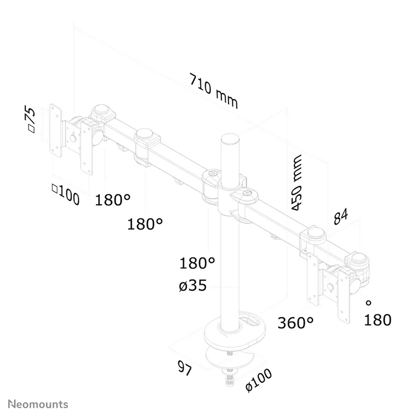 Neomounts by Newstar full motion dual desk mount (grommet) for two 10- 27" monitor screens, height adjustable - Black General Min. screen size*: 10 inch Max. screen size*: 27 inch Min. weight: 0 kg (per screen) Max. weight: 8 kg (per screen) Screens: 2 VESA pattern: 75x75, 100x100 mm VESA minimum — miniatură