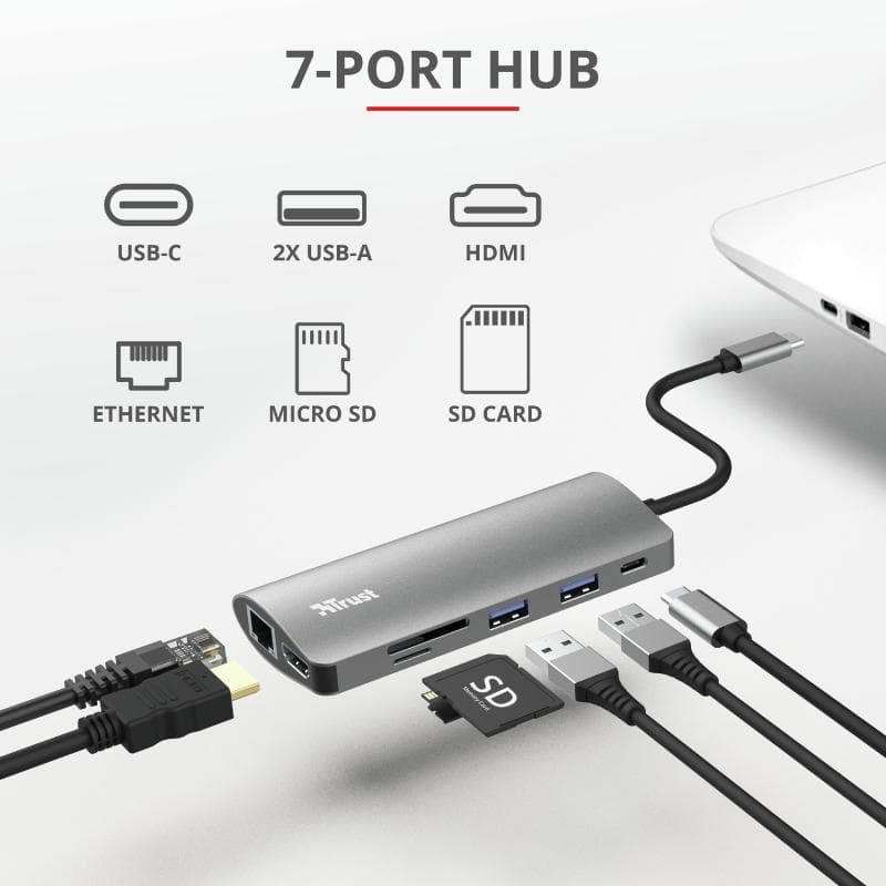 Hub USB Trust Dalyx, USB-C, 7 porturi, HDMI, RJ-45, Negru — miniatură