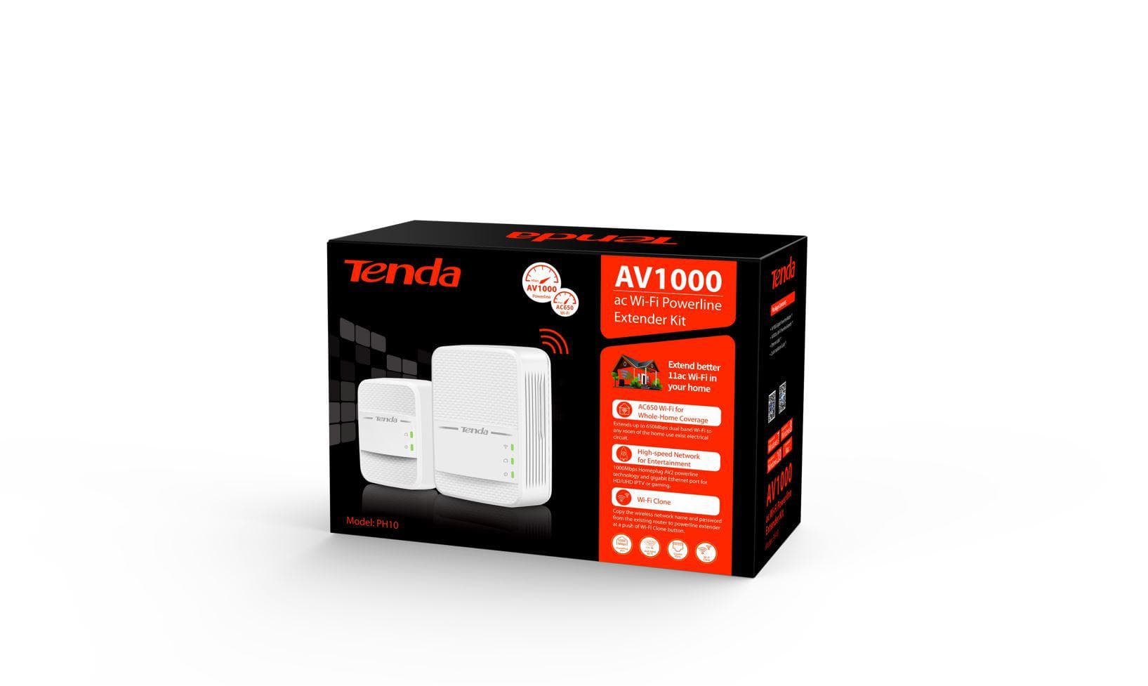Tenda Powerline Extender Kit, PH10KIT,  AV1000, Wi-Fi Powerline Extender + Powerline Adapter, antena interna, standarde wireless: IEEE 802.3, IEEE 802.3u, IEEE802.3ab, IEEE802.11a/b/g/n/ac, Wireless: 5GHz Up to 433Mbps, 2.4GHz Up to 200Mbps.
