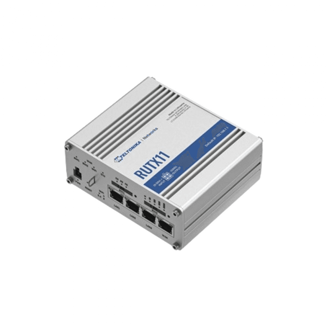 Router industrial IP Teltonika RUTX11, Dual SIM, WiFi, antene 2x SMA pentru LTE, 2x RP-SMA pentru WiFi, 1x RP-SMA pentru Bluetooth, 1x SMA pentru GNSS, GPS, 4x porturi RJ45, 10/100/1000 Mbps, modul mobil 4G (LTE) - Cat 6 pana la 300 Mbps, 3G pana la 42 Mbps, modul wireless 802.11b/g/n/ac Wave 2 — miniatură