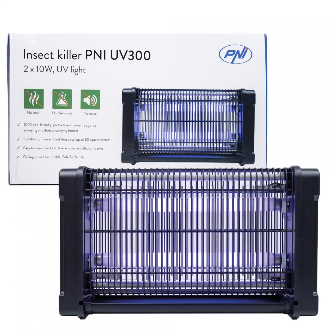 Aparat anti insecte PNI UV300 anti tantari, anti muste, insectocutor cu 2 tuburi ultraviolete, 20W, interior si exterior, montaj pe podea sau tavan, Dimensiuni: 440 x 260 x 85 mm, lUNGIME CABLU: 100CM, pUTERE: 20W — miniatură