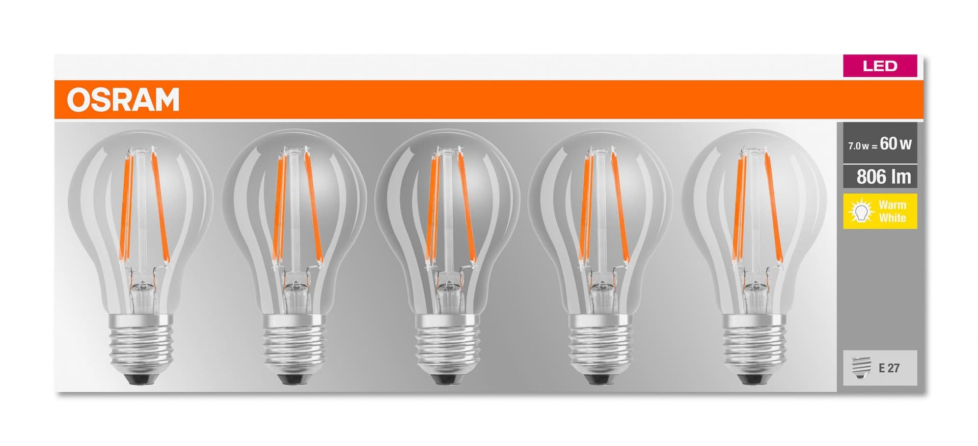 5 Becuri LED Osram Base Classic A, E27, 7W (60W), 806 lm, luminacalda(2700K), cu filament