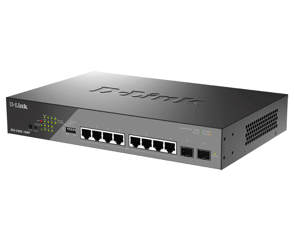 D-Link Switch DSS-200G-10MP, 8 porturi Gigabit POE, 2X SFP 1000Mbps, Capacitate switch: 20Gbps, FW Rate: 14.88Mbps, POE Budget:130W, 30W/port, Dimensiuni: 280 x 180 x 44 mm, Greutate: 1.55kg, Consum: 160.2 W (PoE on) ; 9.63 W (PoE off).