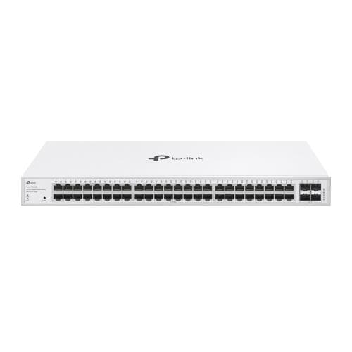 Switch TP-Link cu 48 de porturi, 48× 10/100/1000 Mbps RJ45 Ports (Auto- Negotiation/Auto MDI/MDIX), 4× Gigabit SFP Slots, capacitate switch 104 Gbps, dimensiuni 17.3×8.7×1.7 in (440×220×44 mm) — miniatură