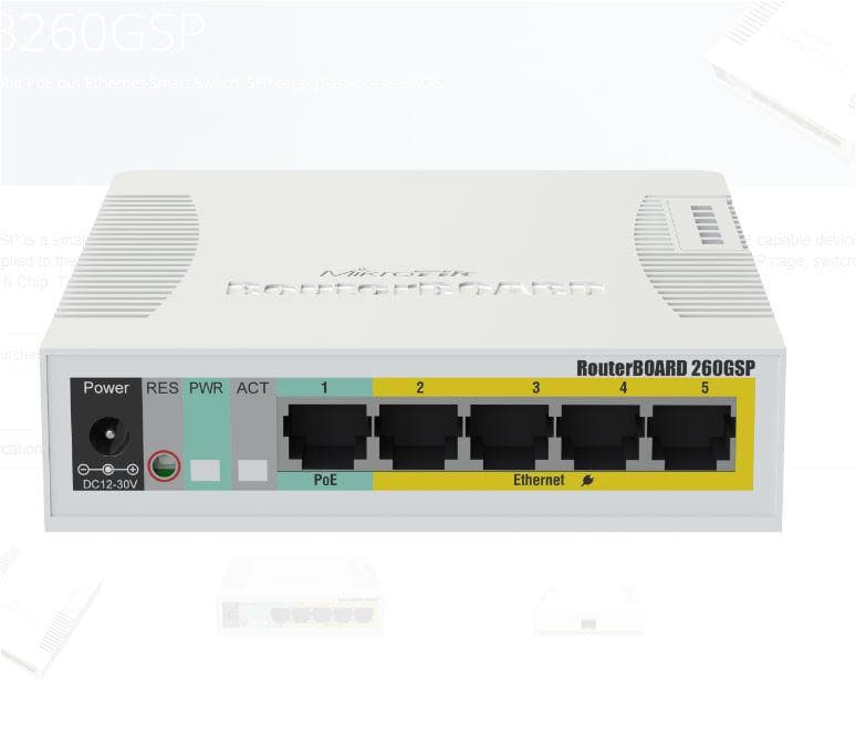 MIKROTIK SMALL SOHO SWITCH RB260GSP CSS106-1G-4P-1S, 5 X GIGABIT POE, Dimensiuni: 113x139x28mm, Sistem operare: MikroTik SwOS, 128Kb Flash, Consum maxim: 53W, Porturi POE:2-5, Passive POE, 5 x 10/100/1000, 1 x SFP. — miniatură