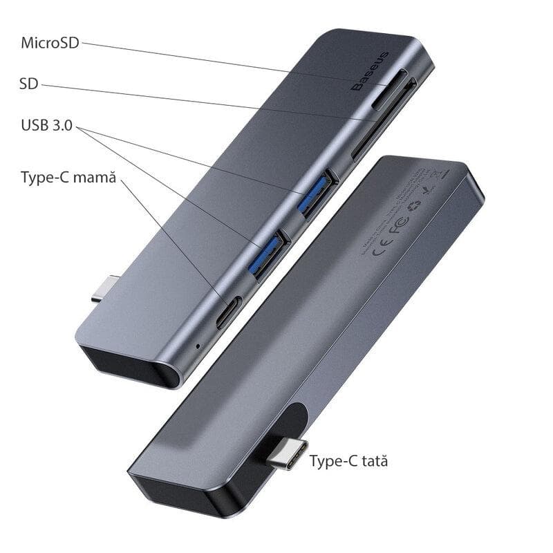 Docking station BASEUS CAHUB-K0G, USB Type-C, 60W, Gri — miniatură