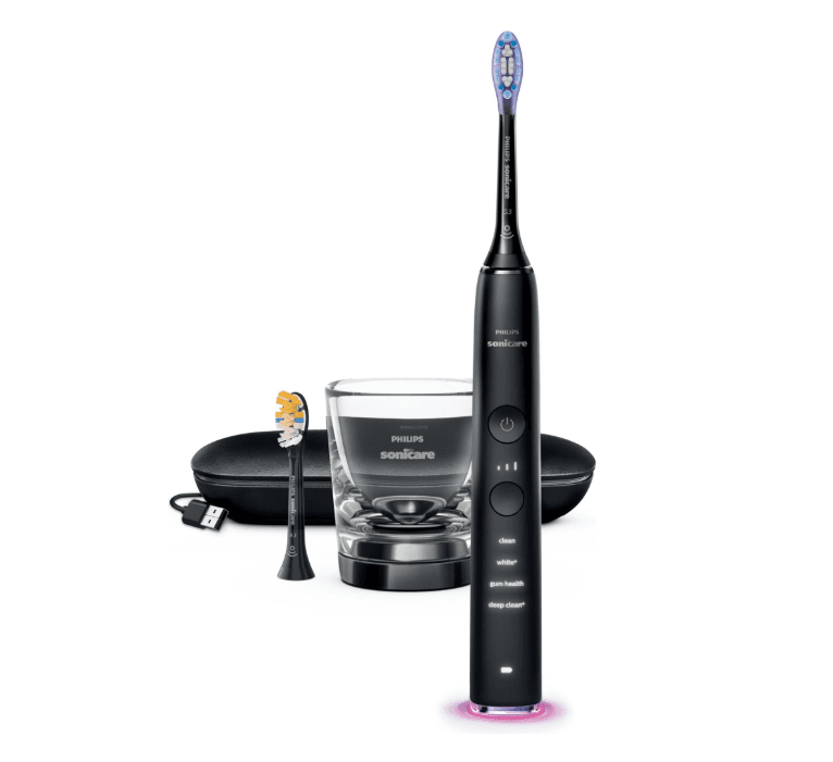 Periuta de dinti sonica electrica Philips Sonicare DiamondClean 9000 HX9917/89, 62000 miscari/minut, 4 moduri de curatare, 3 nivele intensitate, senzor presiune, functia BrushSync, 2 baze de incarcare, 2 capete de periere, aplicatie Sonicare, Negru — miniatură