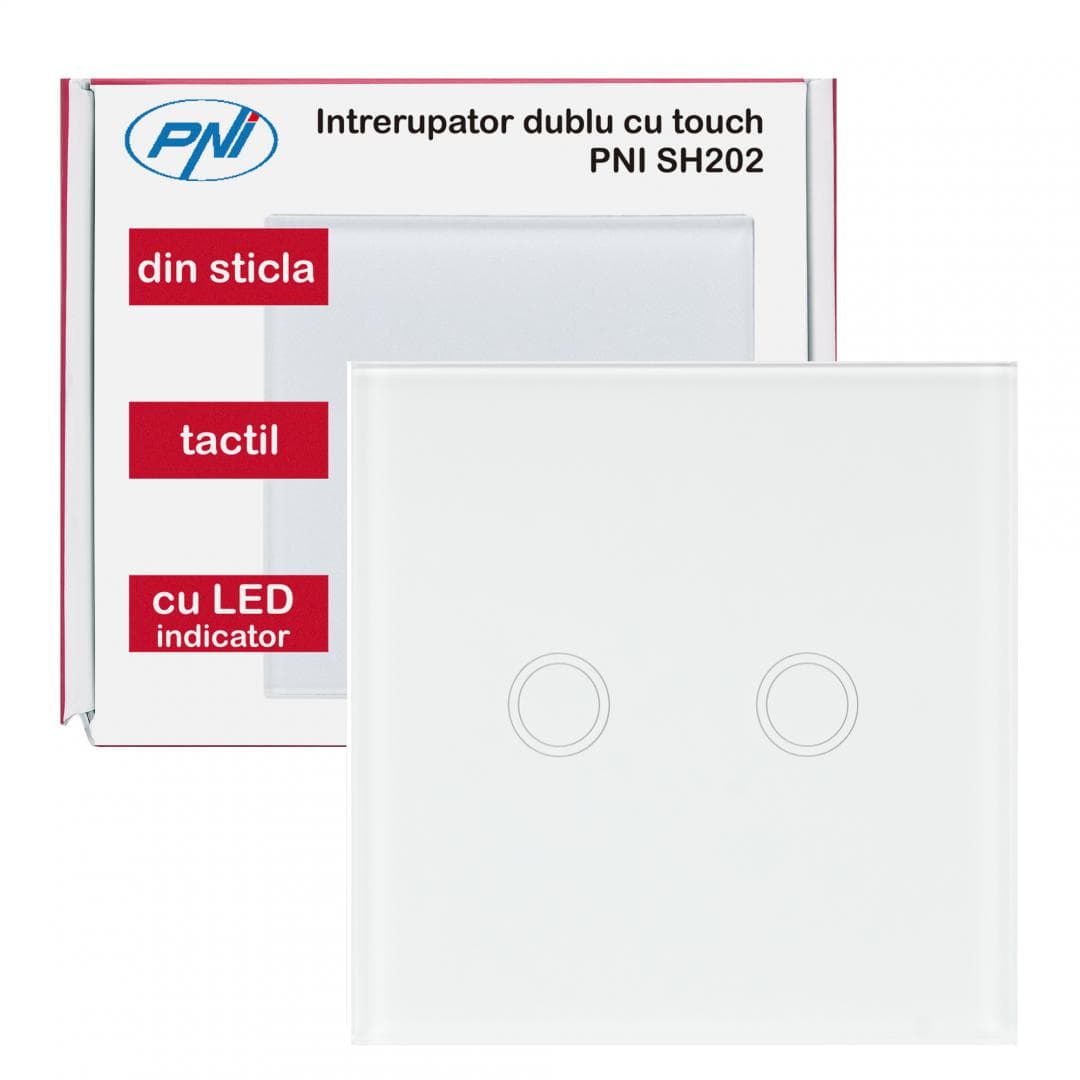 Intrerupator dublu cu touch PNI SH202 din sticla, alb cu LED indicator, Butoane iluminate - Butoane tactile - Front din sticla, Sarcina maxima suportata: 200 W, Dimensiuni: 85 X 35 X 85 mm, Greutate: 120g — miniatură