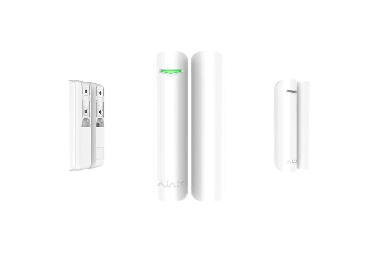 Contact magnetic DoorProtect, wireless, alb - AJAX; Interspatiu: max. 2 cm cu magnetul mare, max. 1cm cu magnetul mic; Timp alarmare: 0.15 s; Senzori: contact Reed, 2.000.000 deschideri durata viata; Frecventa operare: 868.0 - 868.6 MHz; Putere RF: autoajustabila max. 20 mW; Criptare: AES; Distanta — miniatură