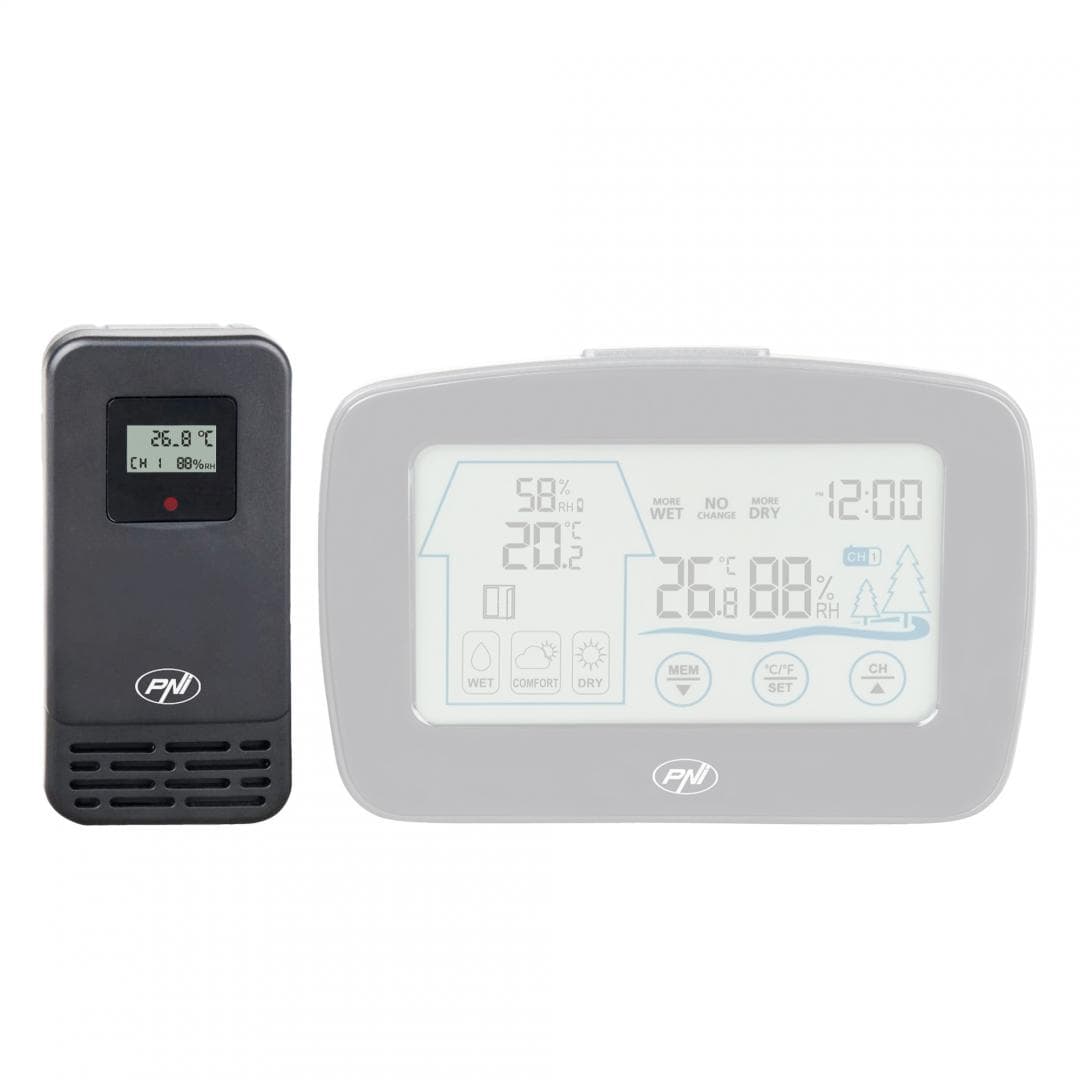 PNI Senzor extern suplimentar pentru statia meteo PNI MS500, PNI-SMS500, Alimentare: 2 x baterii AAA 1.5V, Interval masurare: -40°C ~ +60° C / -40°F ~ +144°C, Interval masurare umiditate: 20% ~ 95%RH, frecventa: 433MHz, distanta comunicare: 50m, Clasa de rezistenta la apa: IPX4 (stropiri cu apa) — miniatură
