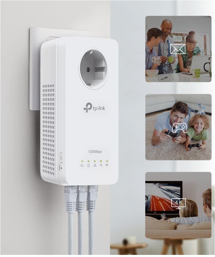 TP-Link Wi-Fi PowerLine, AV1300 Gigabit Passthrough, TL-WPA8631P, Standarde și Protocoale: HomePlug AV2, IEEE 1901, IEEE 802.3, IEEE 802.3u, IEEE 802.3ab, IEEE 802.11b/g/n (2.4 GHz), IEEE 802.11a/n/ac (5 GHz), Interfață: 3 Porturi Gigabit Ethernet, Dimensiuni, 75 × 42 × 152 mm, acoperire: Până la