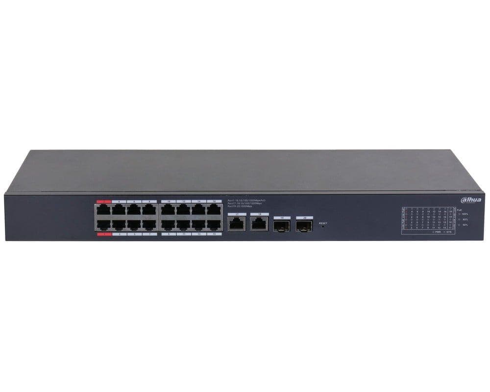 Switch Dahua 18 porturi, gigabit, 2 porturi SFP, 16 porturi PoE, 135W, management, porturi : Portul 1-16: 16 × RJ-45 10/100/1000 Mbps (POE); Port 17-18: 2 × RJ-45 10/100/1000 Mbps (legatura in sus); Portul 19-20: 2 × SFP 1000 Mbps (legatura in sus) — miniatură