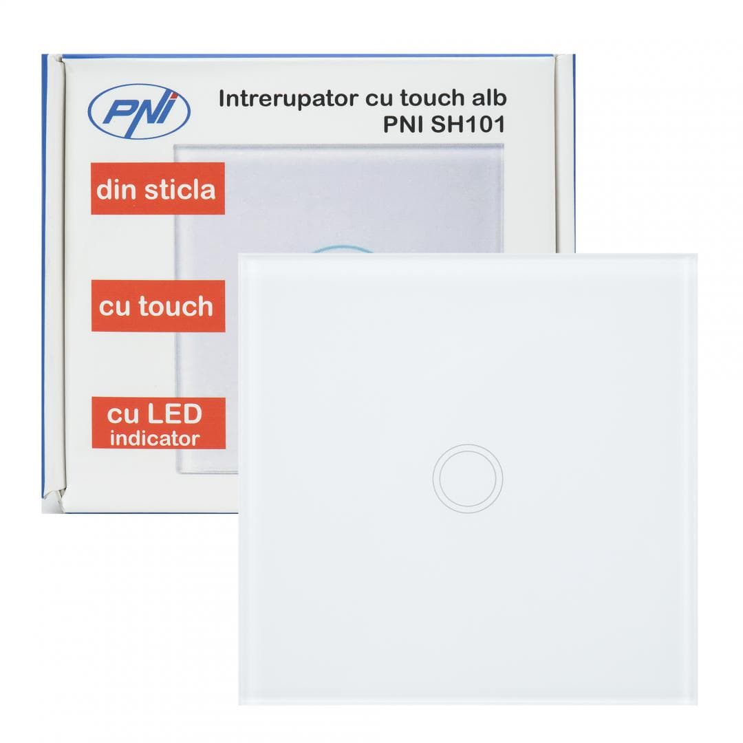 Intrerupator cu touch PNI SH101 alb cu LED indicator cu panoul frontal din sticla temperata transparenta, iar carcasa din spate rezistenta la foc. Poate fi utilizata la o putere maxima de 100W pentru becurile cu LED, iar pentru becurile clasice de maxim 200W, dIMENSIUNI: 86 X 86 X 34 mm, Butoane — miniatură