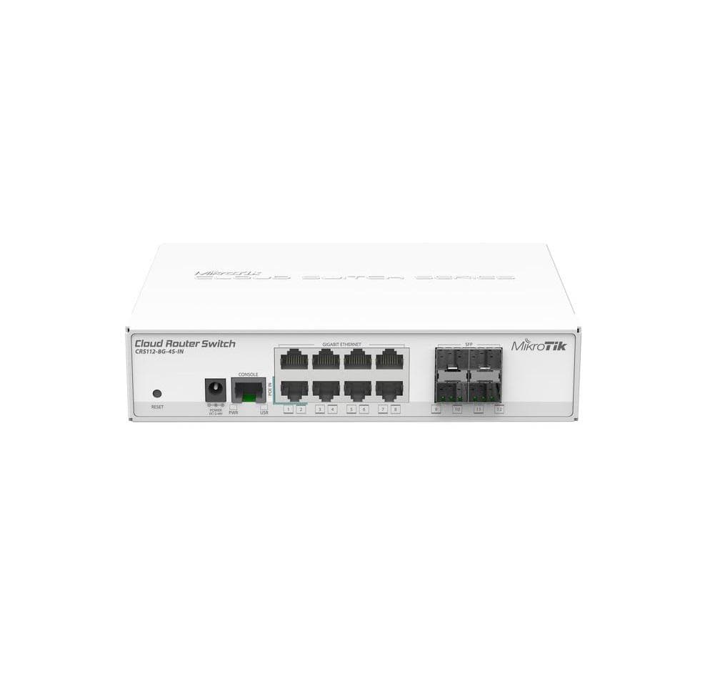 MikroTik Smart Switch, CRS112-8G-4S-IN; 8x Gigabit Ethernet, 4x SFPcages, 400MHz CPU, 128MB RAM, desktop case, RouterOS L5;