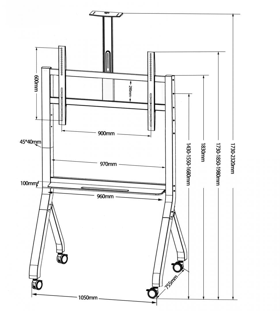 Stand TV mobil Serioux TV213CA, dimensiuni: 1050x755x2320mm, compatibilitate Max Vesa: 900x600mm, compatibilitate TV: 55"-100", greutate maximă suportata: 120 kg, baza cu 4 roti, raft multifunctional, negru — miniatură