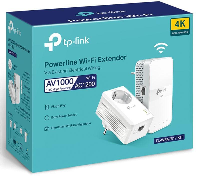 Kit PowerLine, TP-Link, TL-WPA7617 KIT, AV1000 Gigabit Powerline ac Wi- Fi, TL-WPA7517+ TL-PA7017, Standarde și Protocoale: IEEE 1901, IEEE 802.3, IEEE 802.3u, IEEE 802.3ab, IEEE 802.11b/g/n (2.4GHz), IEEE 802.11a/n/ac (5GHz), acoperire: 300m prin cablurile electrice existente, viteza wireless — miniatură