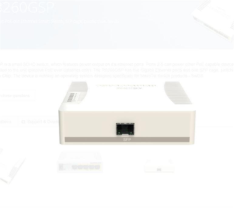MIKROTIK SMALL SOHO SWITCH RB260GSP CSS106-1G-4P-1S, 5 X GIGABIT POE, Dimensiuni: 113x139x28mm, Sistem operare: MikroTik SwOS, 128Kb Flash, Consum maxim: 53W, Porturi POE:2-5, Passive POE, 5 x 10/100/1000, 1 x SFP. — miniatură