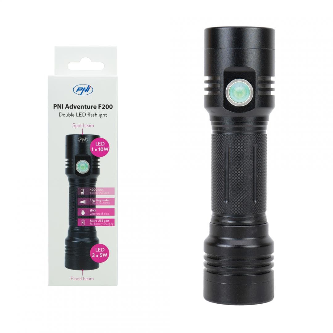 Lanterna dubla PNI Adventure F200 din aluminiu cu LED, acumulator 4000mAh si port micro USB, 3 LED-uri cu deschidere mare si unul cu focus, ambele au 3 niveluri de putere, Tip led: Osram P8, pUTERE: 1 x 10W si 3 x 5W, Capacitate acumulator: 4000mAh, Material: Aluminiu anodizat, Clasa de protectie