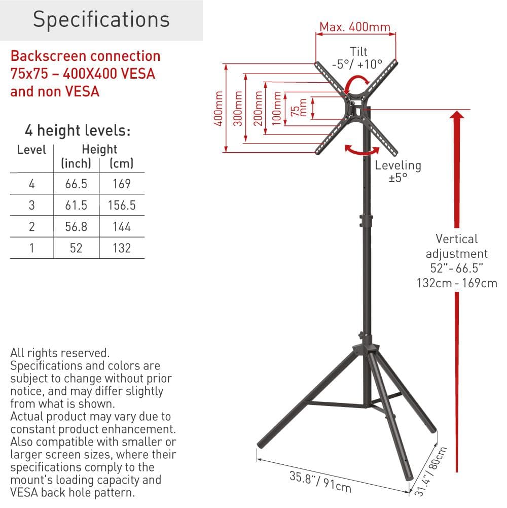 Suport tripod portabil de podea pentru TV plat/curbat Barkan, 13" - 65", VESA 400x400mm, Max 110kg, Negru — miniatură