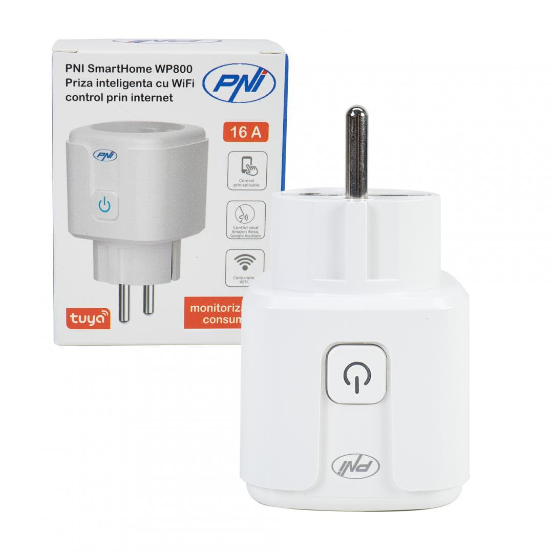 Priza inteligenta PNI SmartHome WP800 WiFi control prin internet, App Tuya Smart, compatibila cu Amazon Alexa si Google Home, masoara consumul de energie, Tensiune alimentare: 230V, Sarcina maxima: 3700 W, Distanta transmisie, 50 m exterior, interior 30 m, Dimensiuni: 87 X 50 X 50 mm,