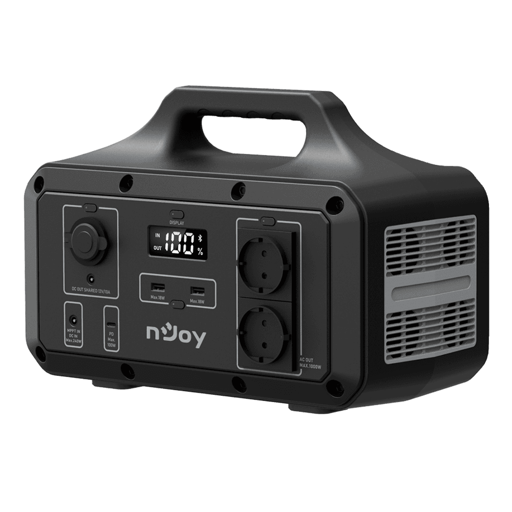 Statie portabila pentru exterior NJOY POWER BASE 1000, adaptor AC (240 W max), panou solar MPPT 12V-32V (240 W max), adaptor auto DC 12V Car (120 W max), 2x USB TYPE A (18 W max), 1x USB TYPE C (100 W max), DC 5525 12V (120 W max), Priza auto 12V (120 W max), 2x AC Schuko 230V (600W max), 1000+ — miniatură