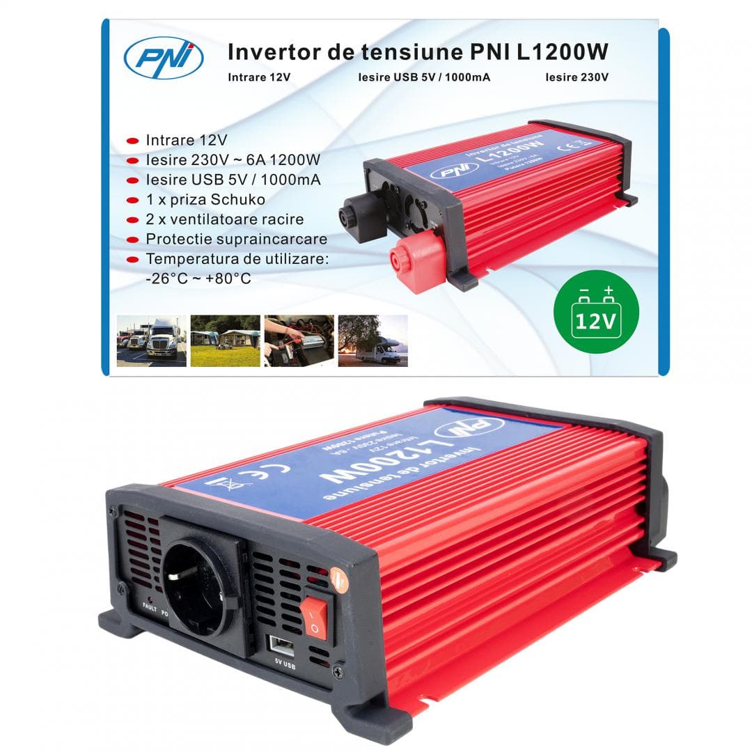 Invertor de tensiune PNI L1200W alimentare 12V iesire 230V, PNI- H1200W12, Tensiune de intrare: 12v dc, Tensiune de iesire: 230V AC, Amperaj pe iesirea 230V: 0-5.2 A, Racire activa ventilator, Eficienta: 85%, Iesire port USB, Dimensiuni: 208 x 107 x 70 mm, 1914 g.