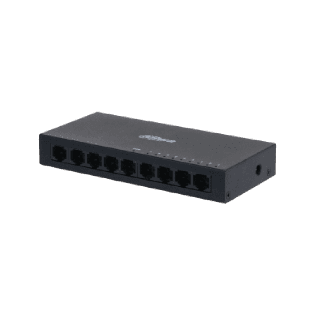 Switch Dahua 9 porturi, unmanaged, Interfata: Port 1-8: 8 × RJ-45 10/100 Mbps, Port 9: 1 × RJ-45 10 M/100 M/1000 Mbps (uplink), Capacitate: 3.6 Gbps, Packet Forwarding Rate: 2.678 Mpps, Greutate: 210g, Dimensiuni: 150 mm × 70 mm × 22.55 mm. — miniatură
