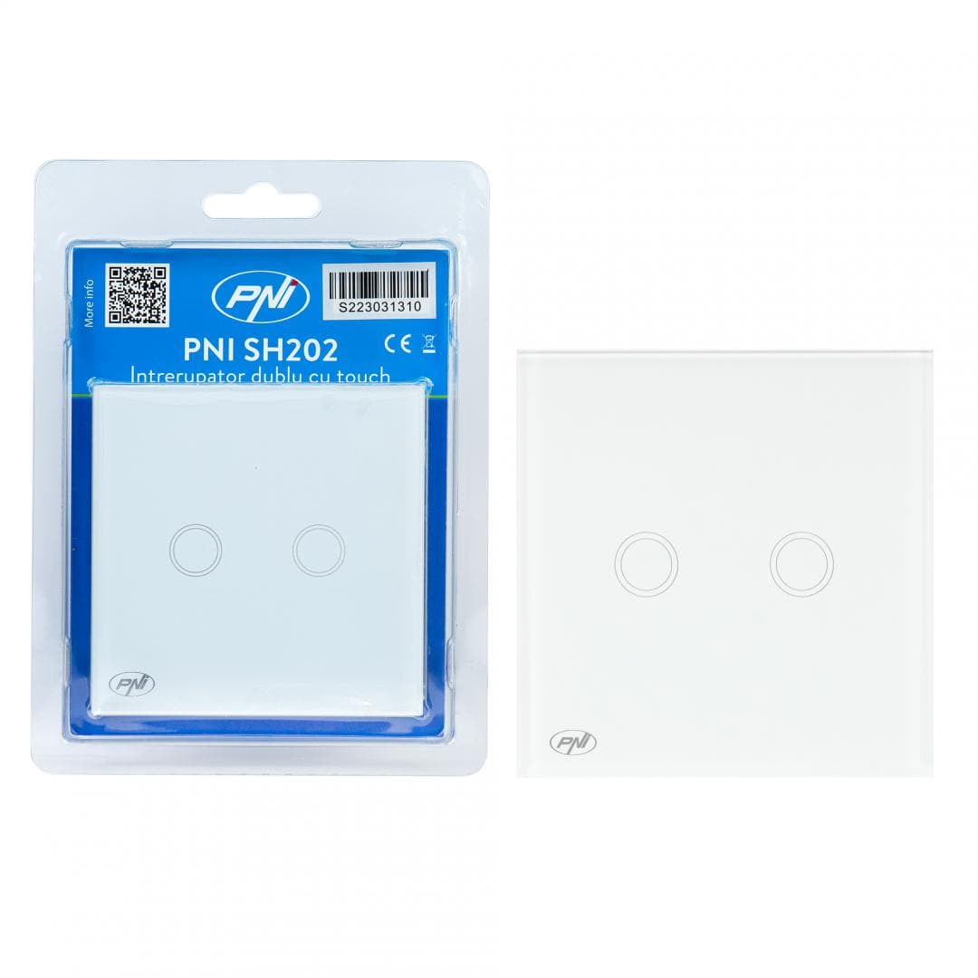 Intrerupator dublu cu touch PNI SH202 din sticla, alb cu LED indicator, Butoane iluminate - Butoane tactile - Front din sticla, Sarcina maxima suportata: 200 W, Dimensiuni: 85 X 35 X 85 mm, Greutate: 120g,